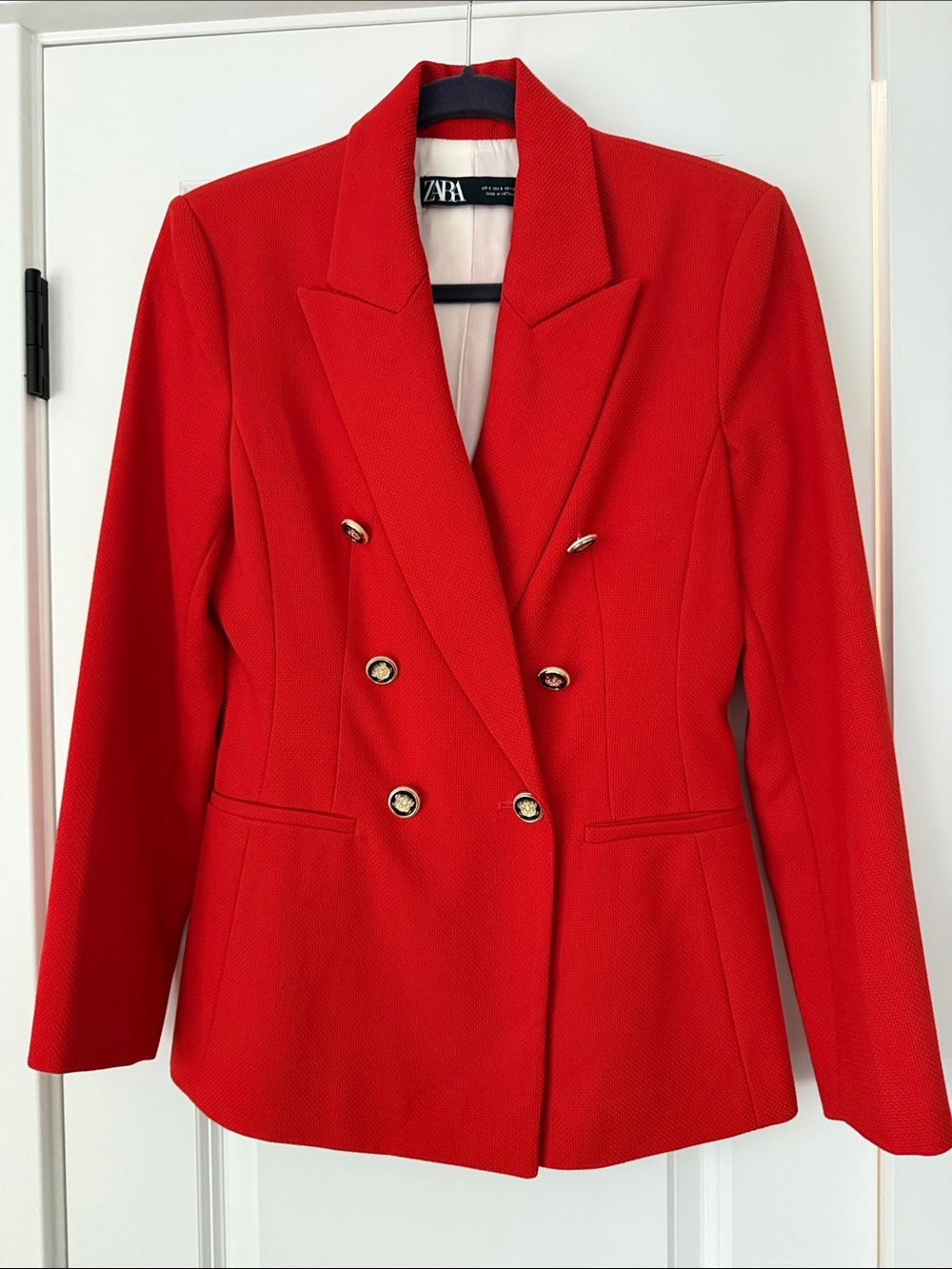 Zara Bright Red Double-Breasted Blazer with Gold Buttons Sz S NWOT